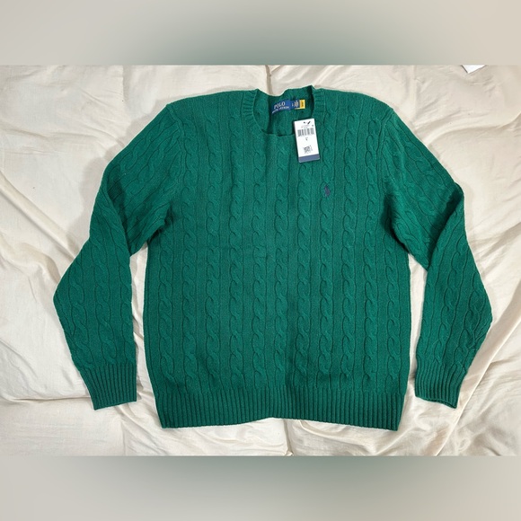 Polo Ralph Lauren Cable Sweater Cashmere Wool Blend Knit Long Sleeve Green Large - Picture 1 of 14